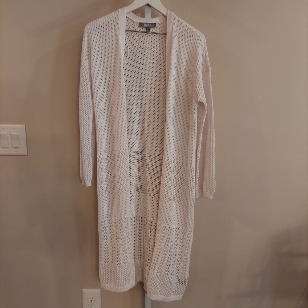 Marled White Long Line Open Front Mixed Knit Crochet Cardigan Large Boho Coastal